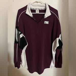 VICTORIA'S SECRET PINK Classic Oversized Casual Quarter Zip Maroon White Wms Lg